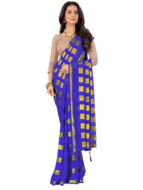 women's self design royal blue colored saree with blouse - 19648162 - Very Small Image - 1