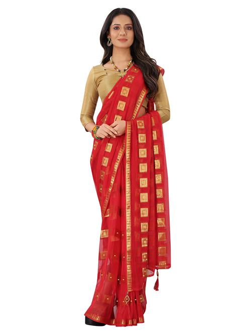 women's solid with work red colored saree with blouse - 19648192 - Very Small Image - 1