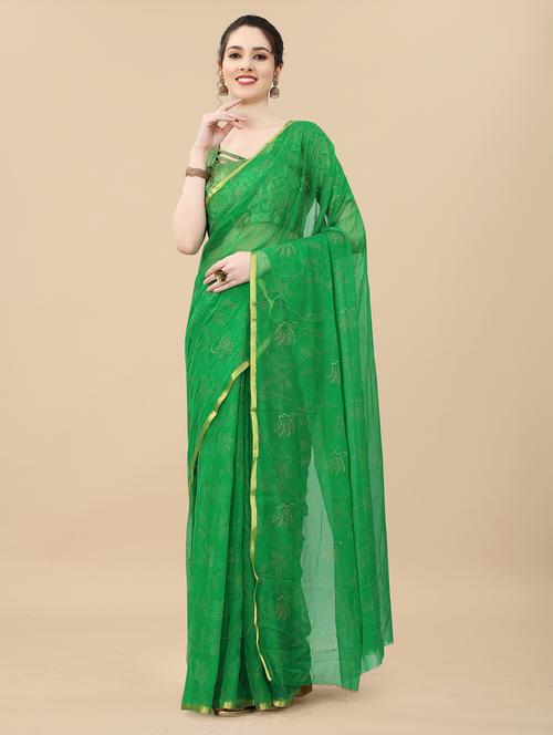 women's foil print green colored saree with blouse - 19648277 - Very Small Image - 1