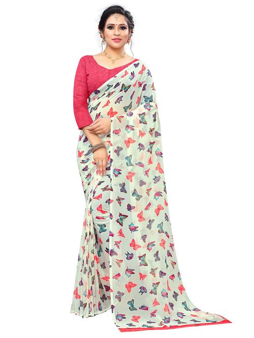 women's printed white colored saree with blouse - 19648503 - Very Small Image - 1