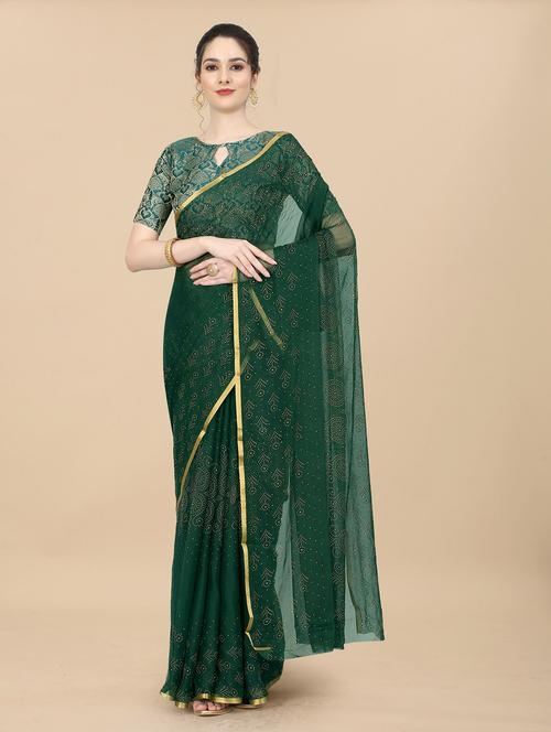 women's foil print bottle green colored saree with blouse - 19648531 - Very Small Image - 1
