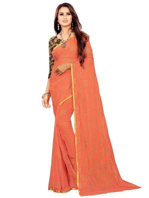 women's foil print orange colored saree with blouse - 19648635 - Very Small Image - 1