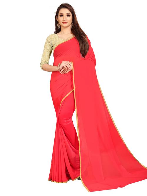 women's solid red colored saree with blouse - 19648791 - Very Small Image - 1