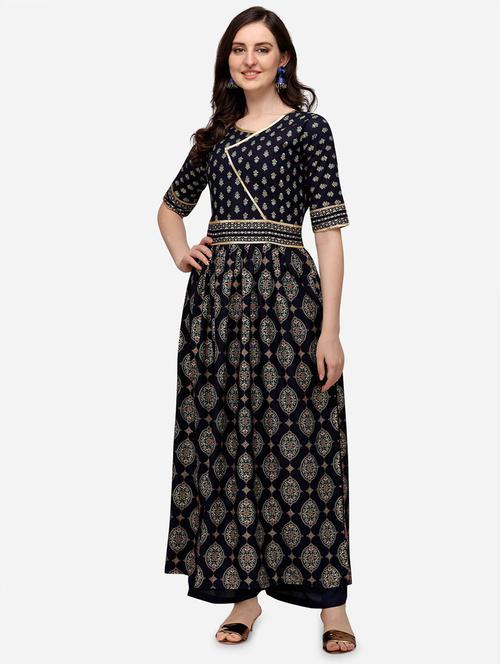 over lap neck printed flared kurta - 19654123 - Very Small Image - 1