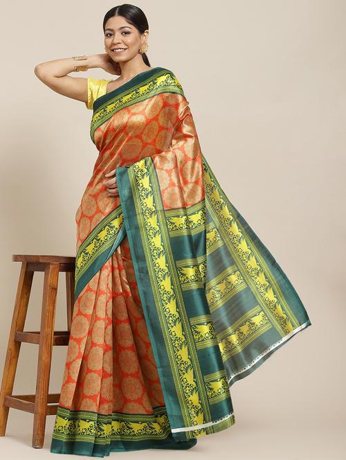 orange printed saree - 19656246 - Very Small Image - 1