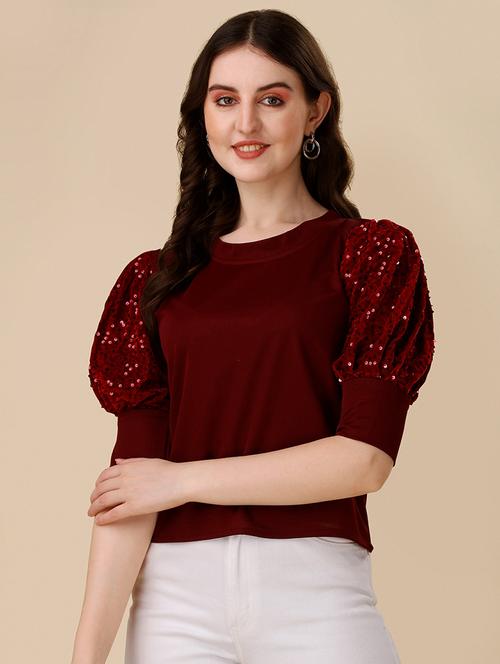 puff sleeves solid straight top - 19656289 - Very Small Image - 1