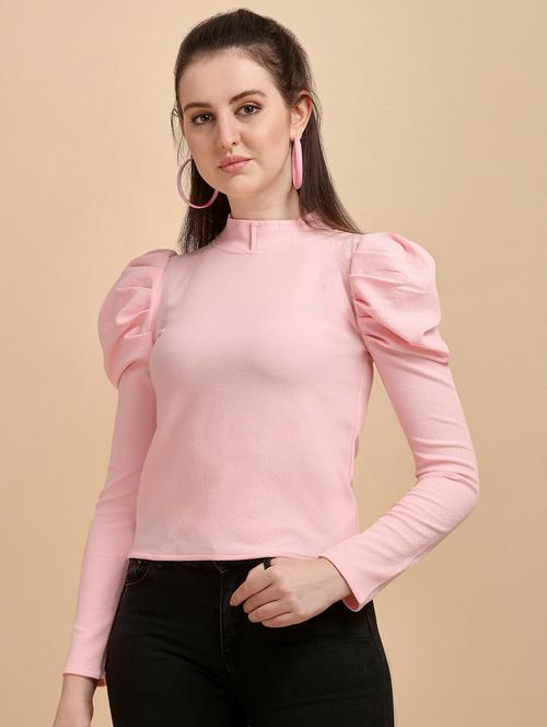 puff sleeves high neck solid regular top - 19656535 - Very Small Image - 1