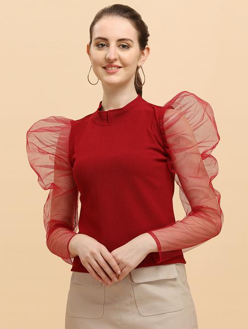 puff sleeves high neck solid regular top - 19656555 - Very Small Image - 1