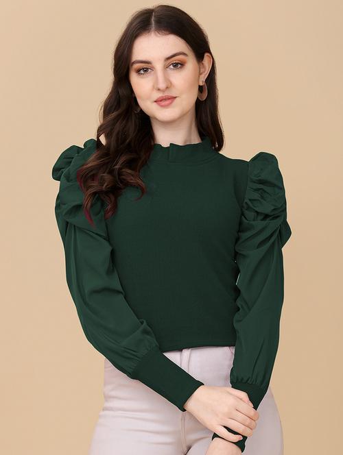 green solid puff sleeves top - 19656586 - Very Small Image - 1