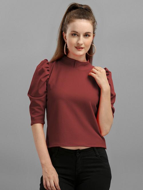 puff sleeves high neck solid regular top - 19656597 - Very Small Image - 1