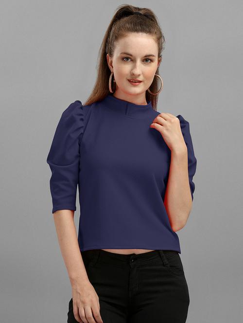 puff sleeves high neck solid regular top - 19656599 - Very Small Image - 1