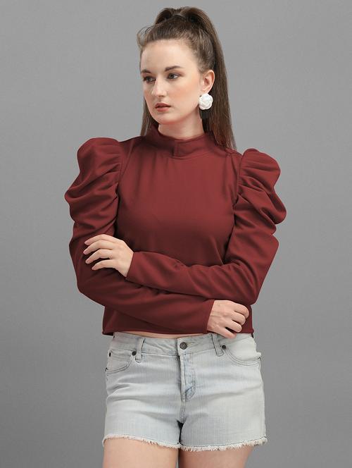 solid puff sleeves top - 19656602 - Very Small Image - 1