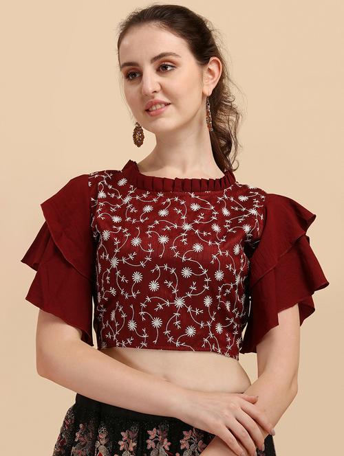 maroon self design embroidered crop top - 19656652 - Very Small Image - 1