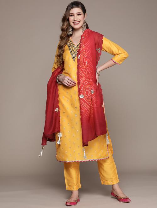 v-neck kurta dupatta set - 19657295 - Very Small Image - 1