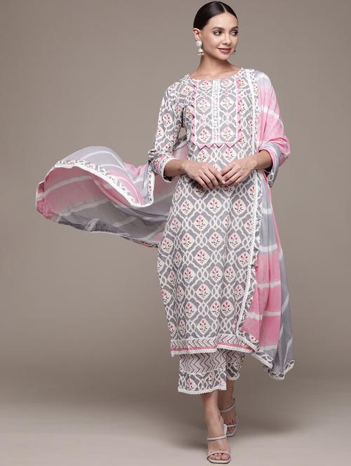 round neck kurta dupatta set - 19657319 - Very Small Image - 1