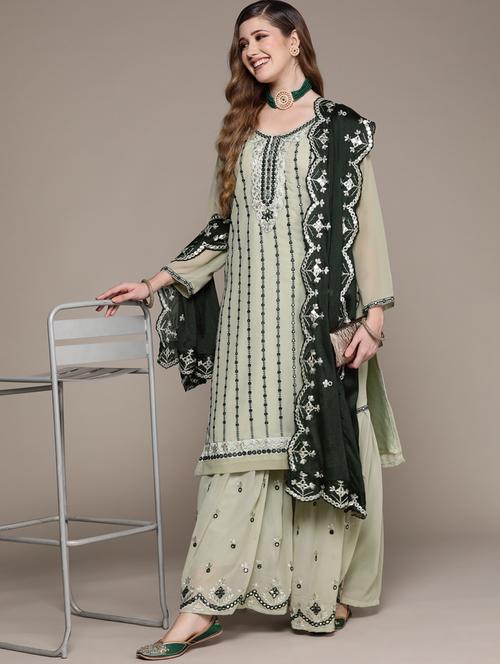 round neck kurta dupatta set - 19657325 - Very Small Image - 1