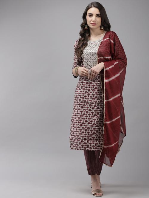 round neck kurta dupatta set - 19657334 - Very Small Image - 1