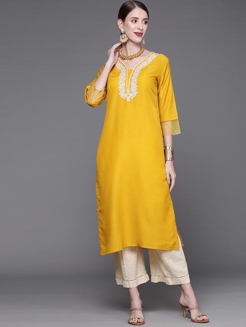 yellow embroidered straight kurta - 19657541 - Very Small Image - 1
