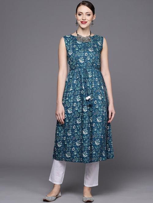 teal printed a-line kurta - 19657551 - Very Small Image - 1