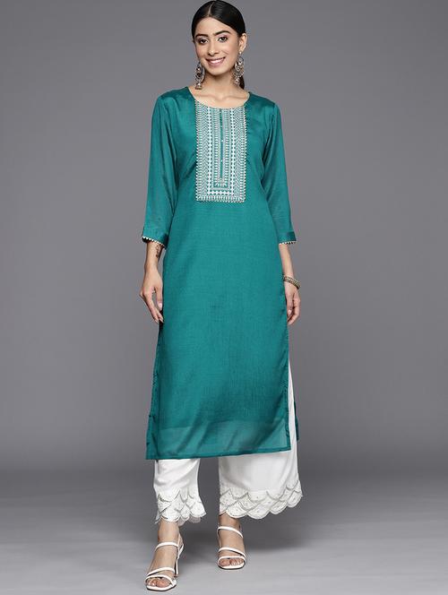 teal embroidered straight kurta - 19657674 - Very Small Image - 1