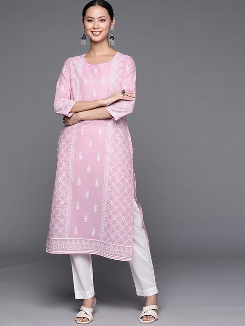 lavender round neck printed straight kurta - 19657805 - Very Small Image - 1
