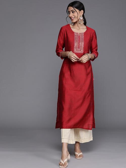 maroon embroidered straight kurta - 19658090 - Very Small Image - 1