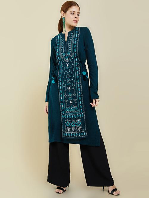 notch neck polyester a-line woolen kurti - 19659220 - Very Small Image - 1
