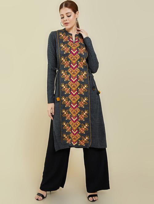 notch neck polyester a-line woolen kurti - 19659222 - Very Small Image - 1
