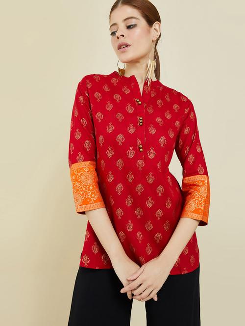 mandarin neck gold print regular tunic - 19659293 - Very Small Image - 1