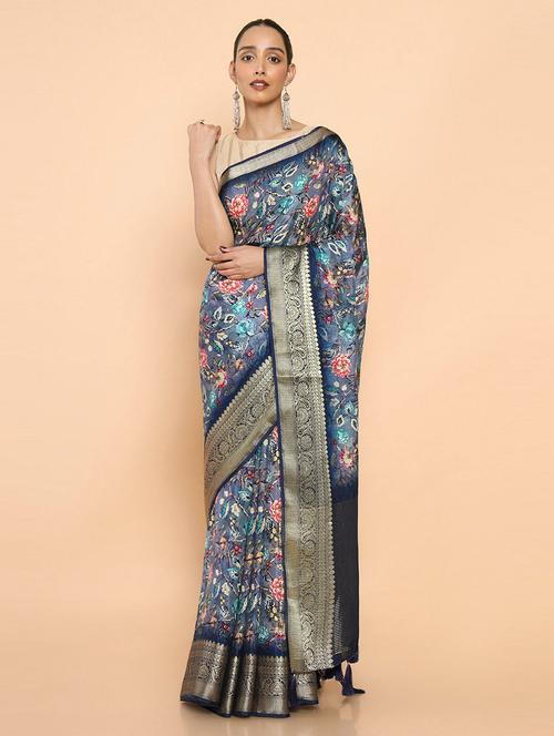 floral print woven saree with blouse - 19659331 - Very Small Image - 1