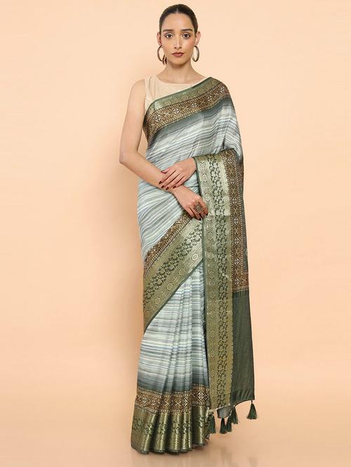 women's stripes olive colored saree with blouse - 19659332 - Very Small Image - 1