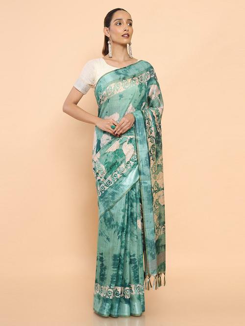 women's printed mint colored saree with blouse - 19659344 - Very Small Image - 1