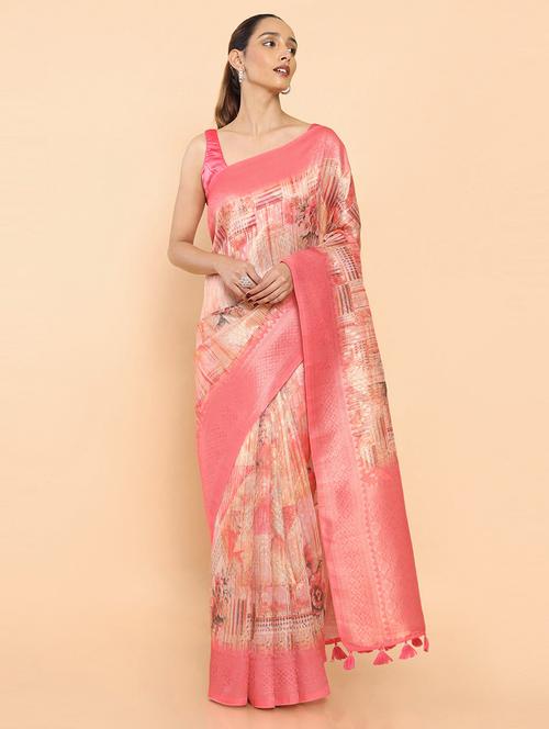 floral print woven saree with blouse - 19659372 - Very Small Image - 1