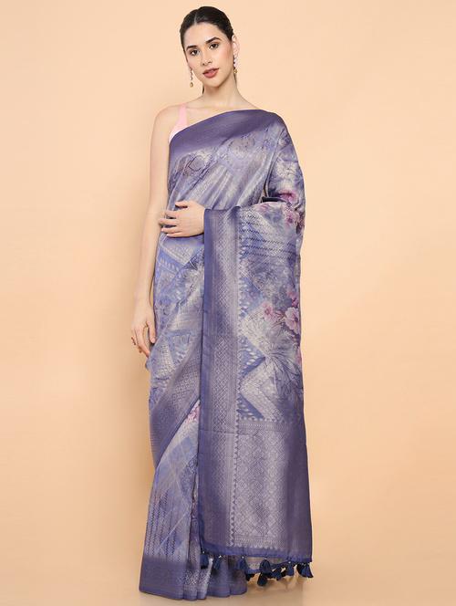 floral print woven saree with blouse - 19659376 - Very Small Image - 1
