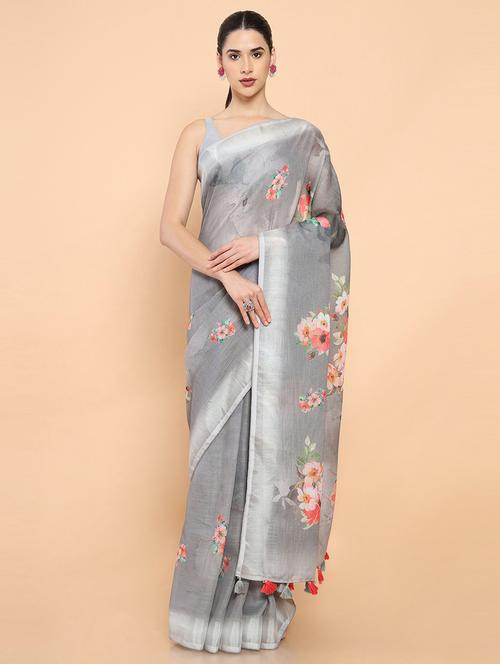 women's floral grey colored saree with blouse - 19659395 - Very Small Image - 1