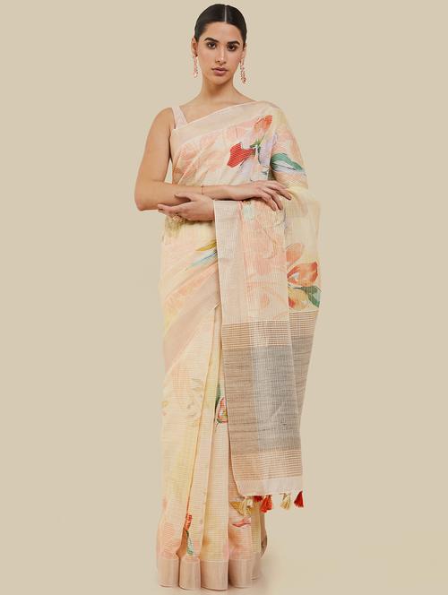 women's floral cream colored saree - 19659440 - Very Small Image - 1