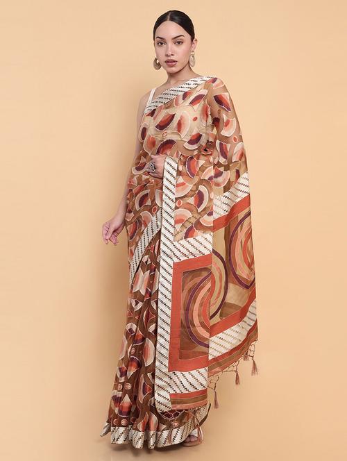 women's printed brown colored saree - 19659535 - Very Small Image - 1