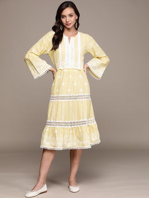 yellow cotton embroidered a-line dress - 19659721 - Very Small Image - 1