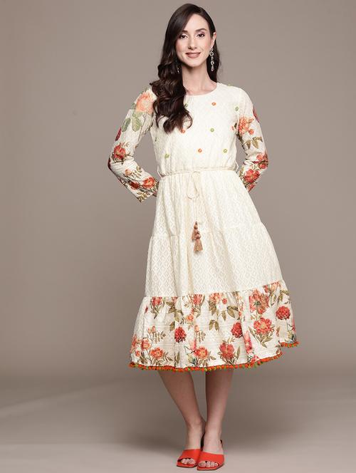 cream embroidered fit & flare waist tie up dress - 19659875 - Very Small Image - 1