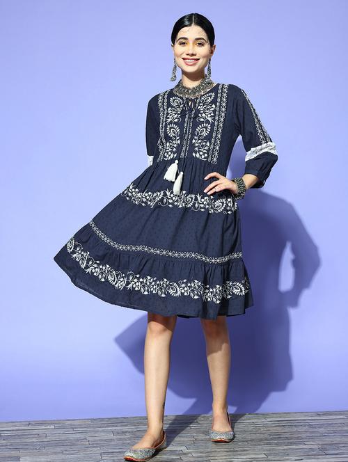 navy blue cotton embroidered a-line dress - 19659892 - Very Small Image - 1