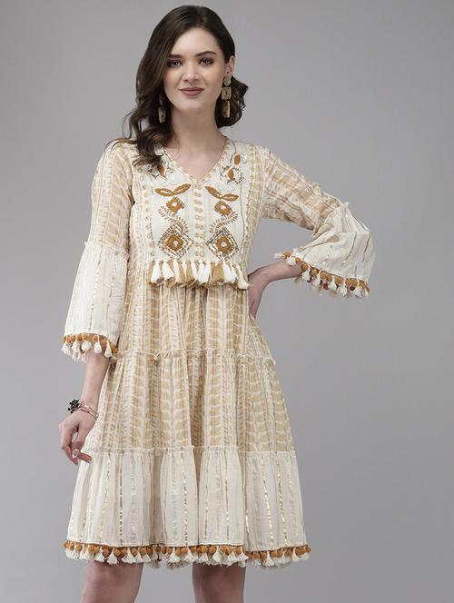 off white cotton embroidered a-line dress - 19660006 - Very Small Image - 1