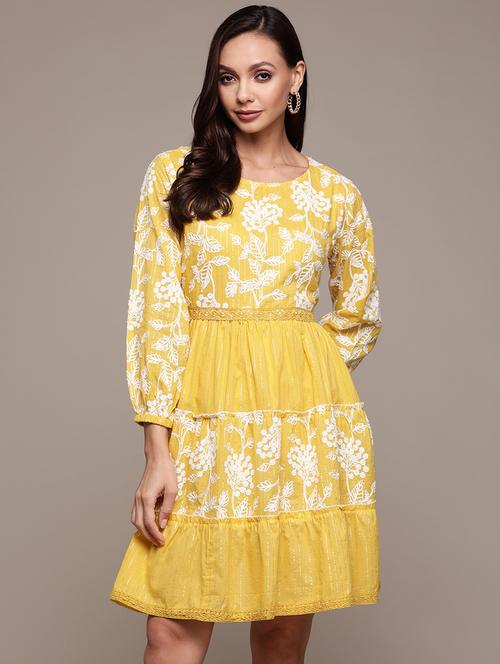 yellow cotton embroidered a-line dress - 19660066 - Very Small Image - 1