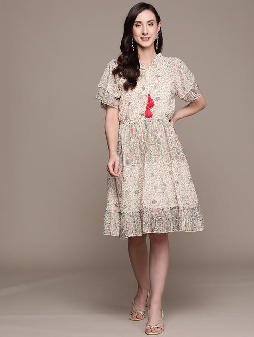 cream cotton printed fit & flare dress - 19660080 - Very Small Image - 1