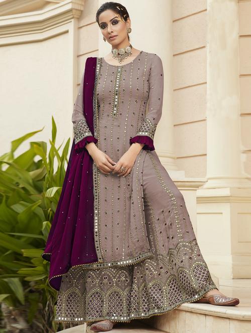 embroidered palazzo semi-stitched suit set - 19660392 - Very Small Image - 1