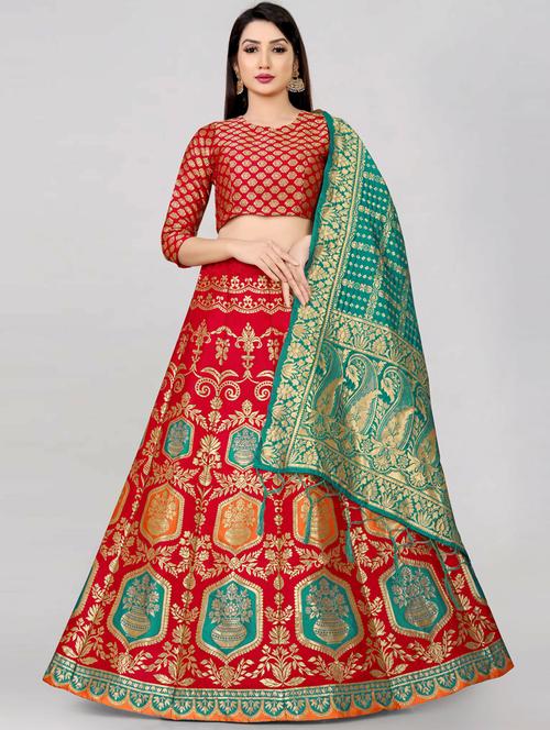 red cotton blend flared lehenga - 19661454 - Very Small Image - 1