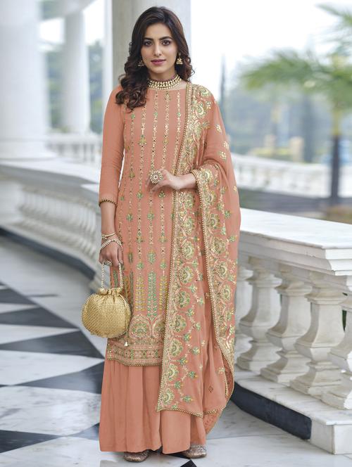 embroidered sharara semi-stitched suit set - 19663457 - Very Small Image - 1