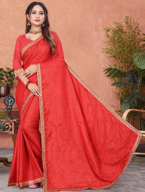 solid bordered saree with blouse - 19663709 - Very Small Image - 1