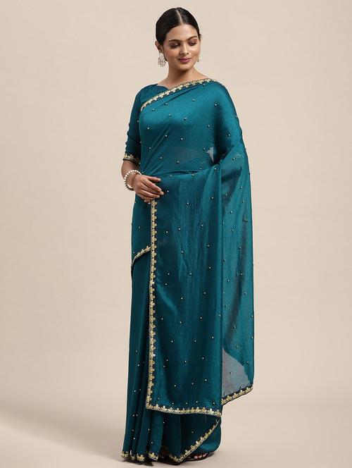 teal blue woven saree with blouse - 19663959 - Very Small Image - 1