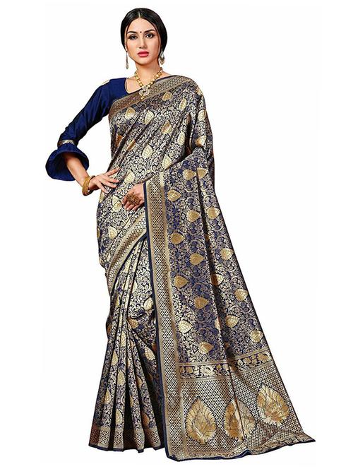 dark blue silk blend banarasi saree - 19664033 - Very Small Image - 1