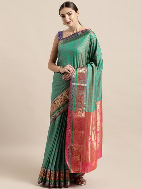 checked handloom saree with blouse - 19664037 - Very Small Image - 1